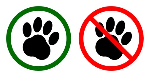 Signs DOGS ZONE AND NO PETS ALLOWED on white background, collage. Illustration
