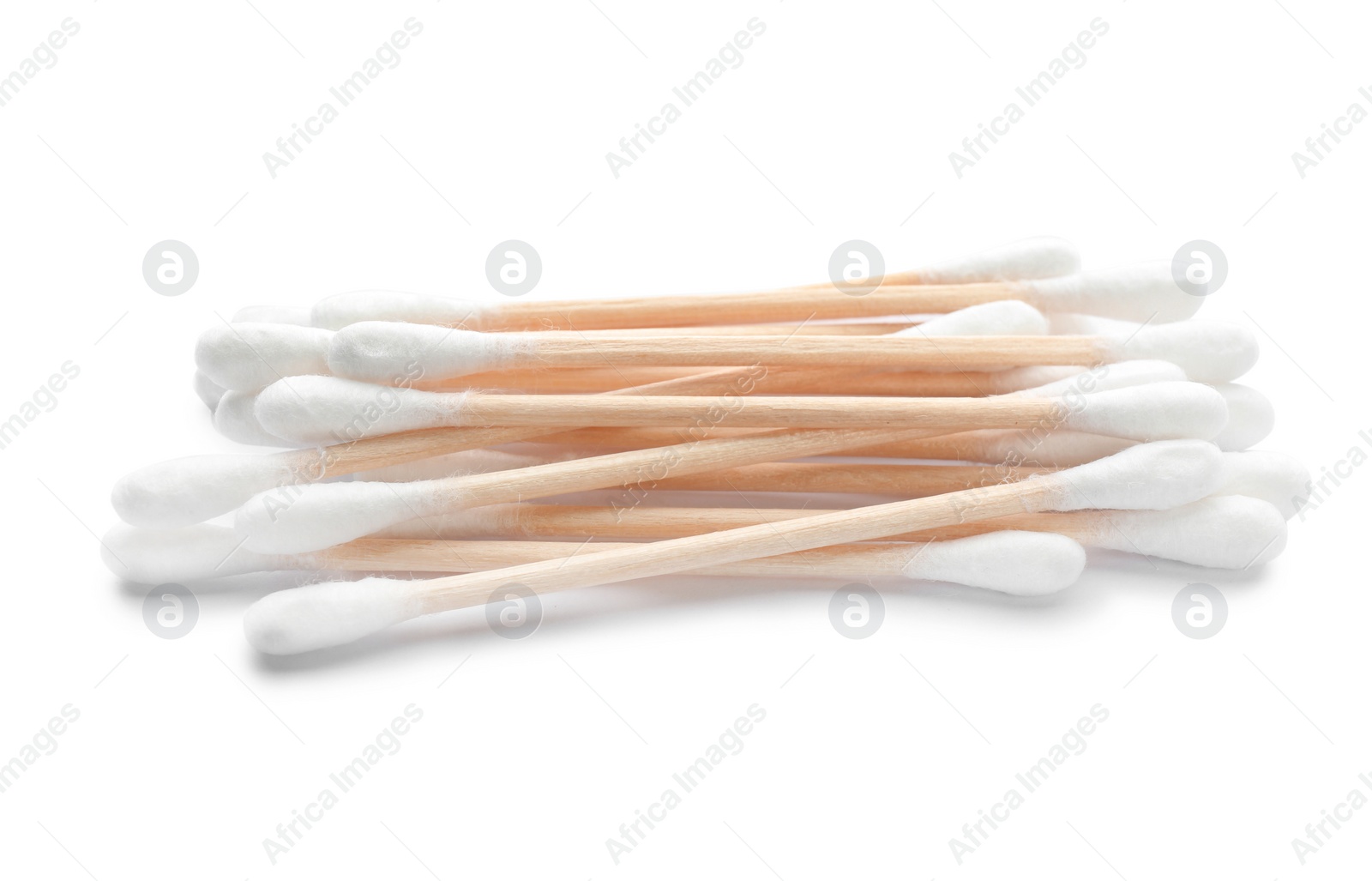 Photo of Wooden cotton swabs on white background. Hygienic accessory