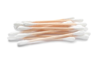 Wooden cotton swabs on white background. Hygienic accessory