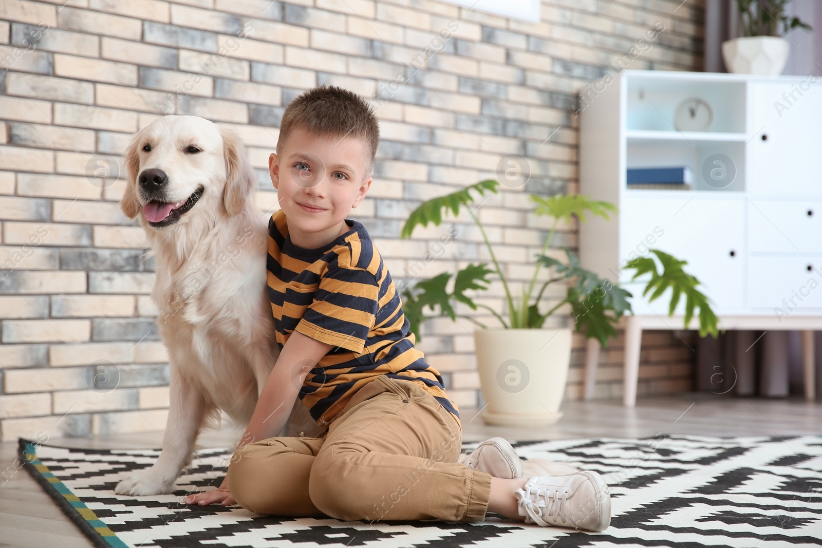 Photo of Cute little child with his pet on floor at home