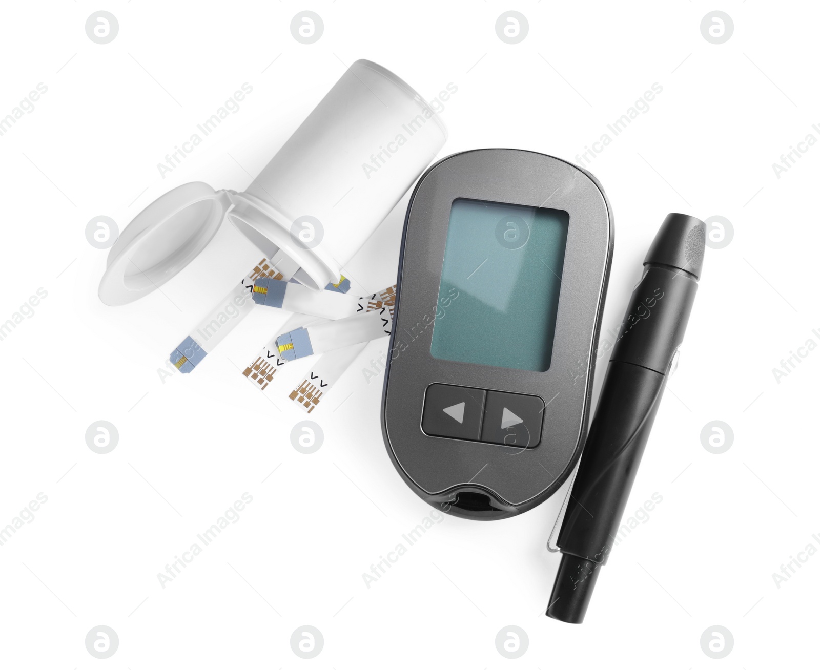 Photo of Glucometer, lancet pen and bottle with strips on white background, top view. Diabetes testing kit