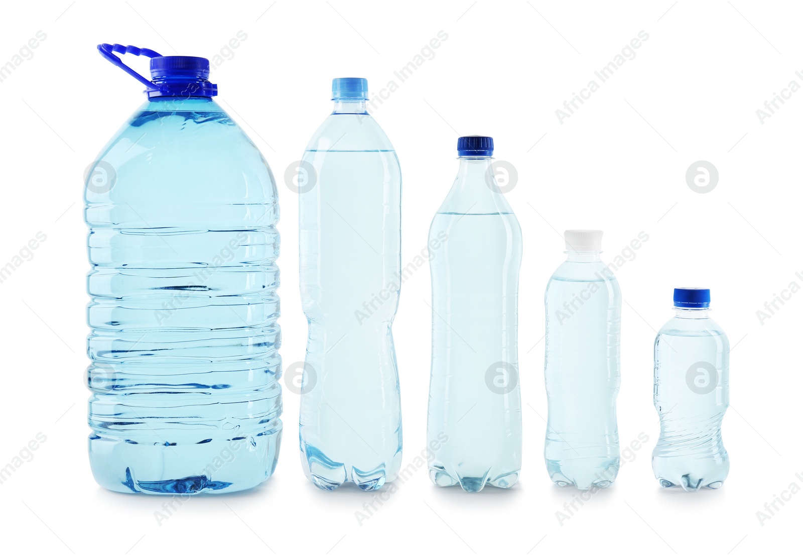 Photo of Set of different plastic bottles with pure water on white background