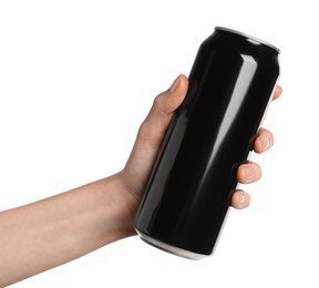 Photo of Woman holding black aluminum can on white background, closeup