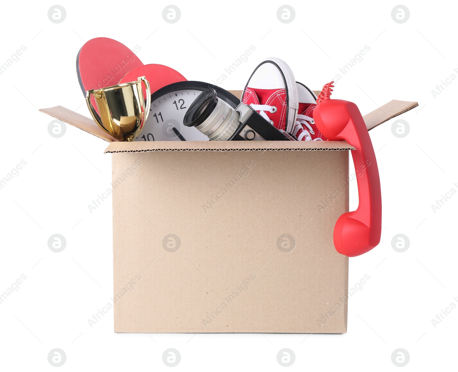 Photo of Box of unwanted stuff isolated on white