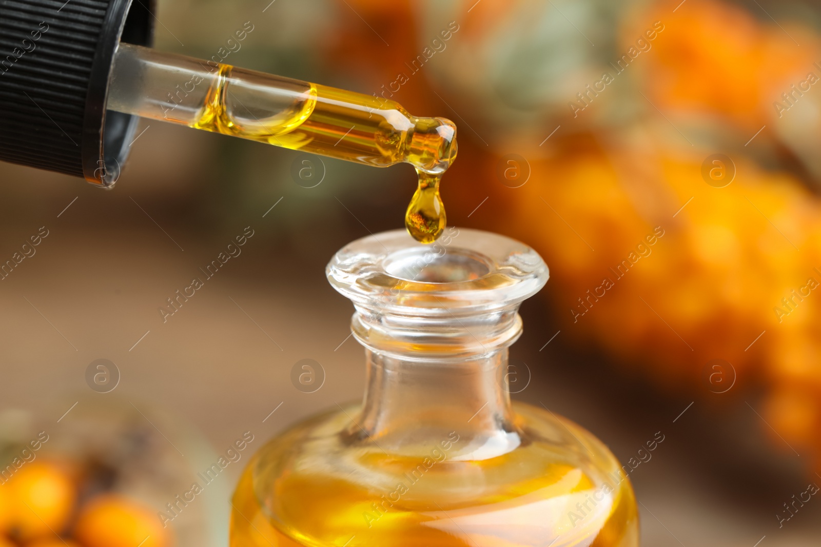 Photo of Natural sea buckthorn oil dripping from pipette into bottle on blurred background, closeup