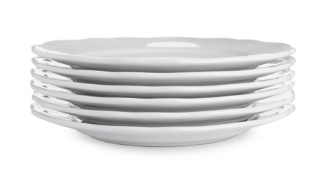 Photo of Stack of ceramic plates on white background