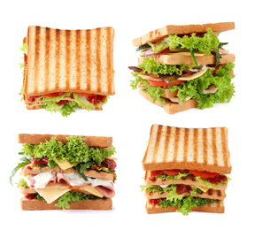 Image of Set of toasted bread with different toppings on white background