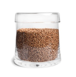 Jar with uncooked buckwheat on white background