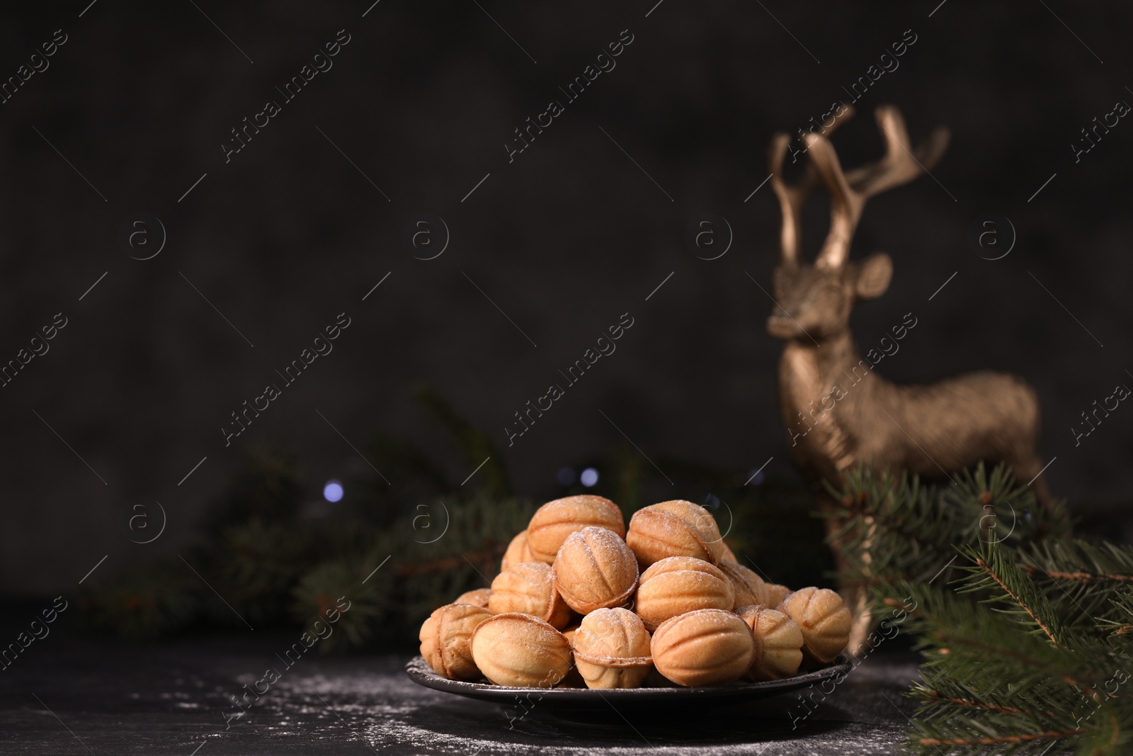 Photo of Plate of tasty nut shaped cookies near fir branches on black table. Space for text