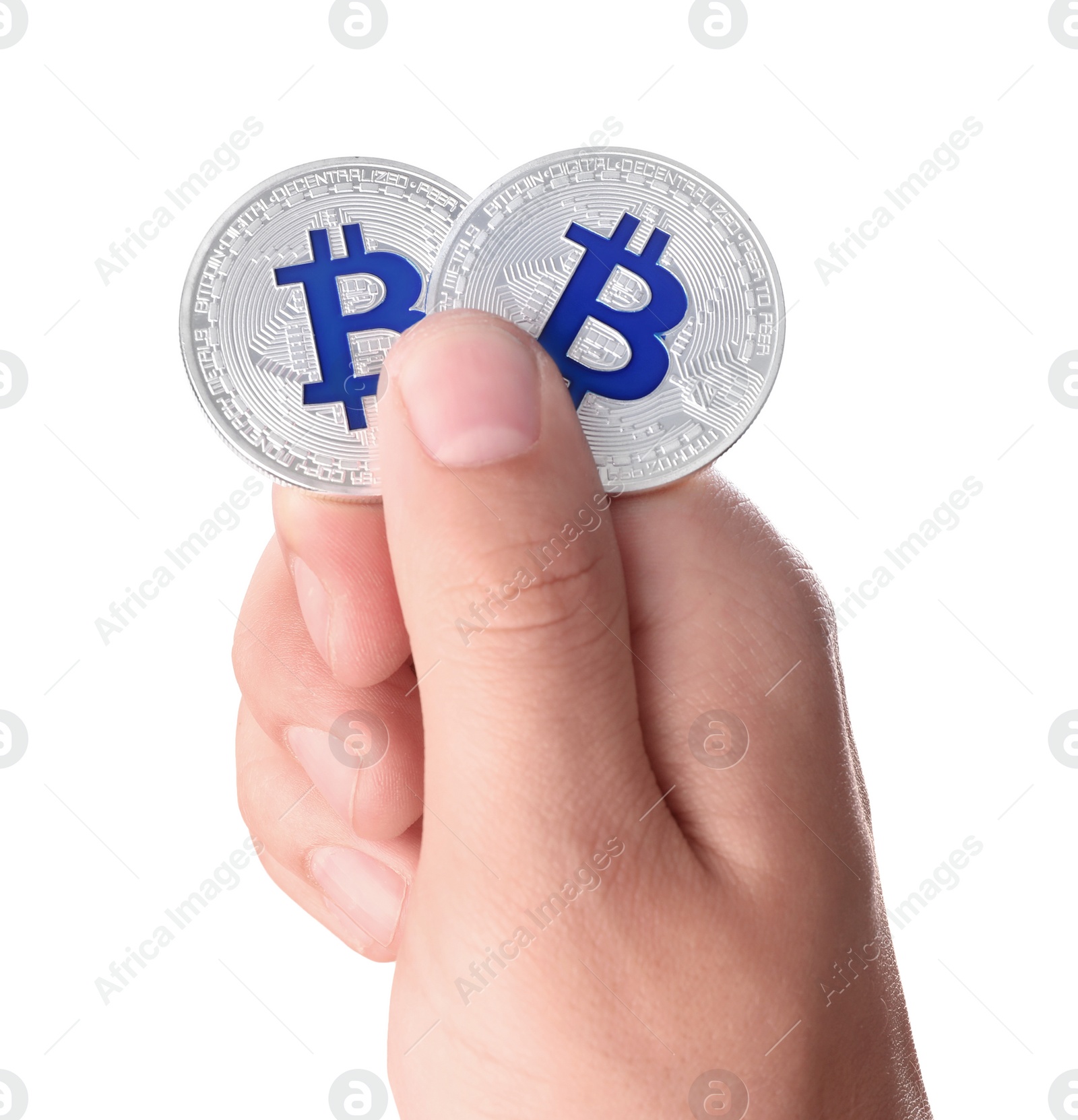 Photo of Man holding silver bitcoins on white background, closeup