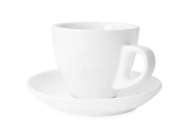 Photo of Ceramic cup and saucer isolated on white