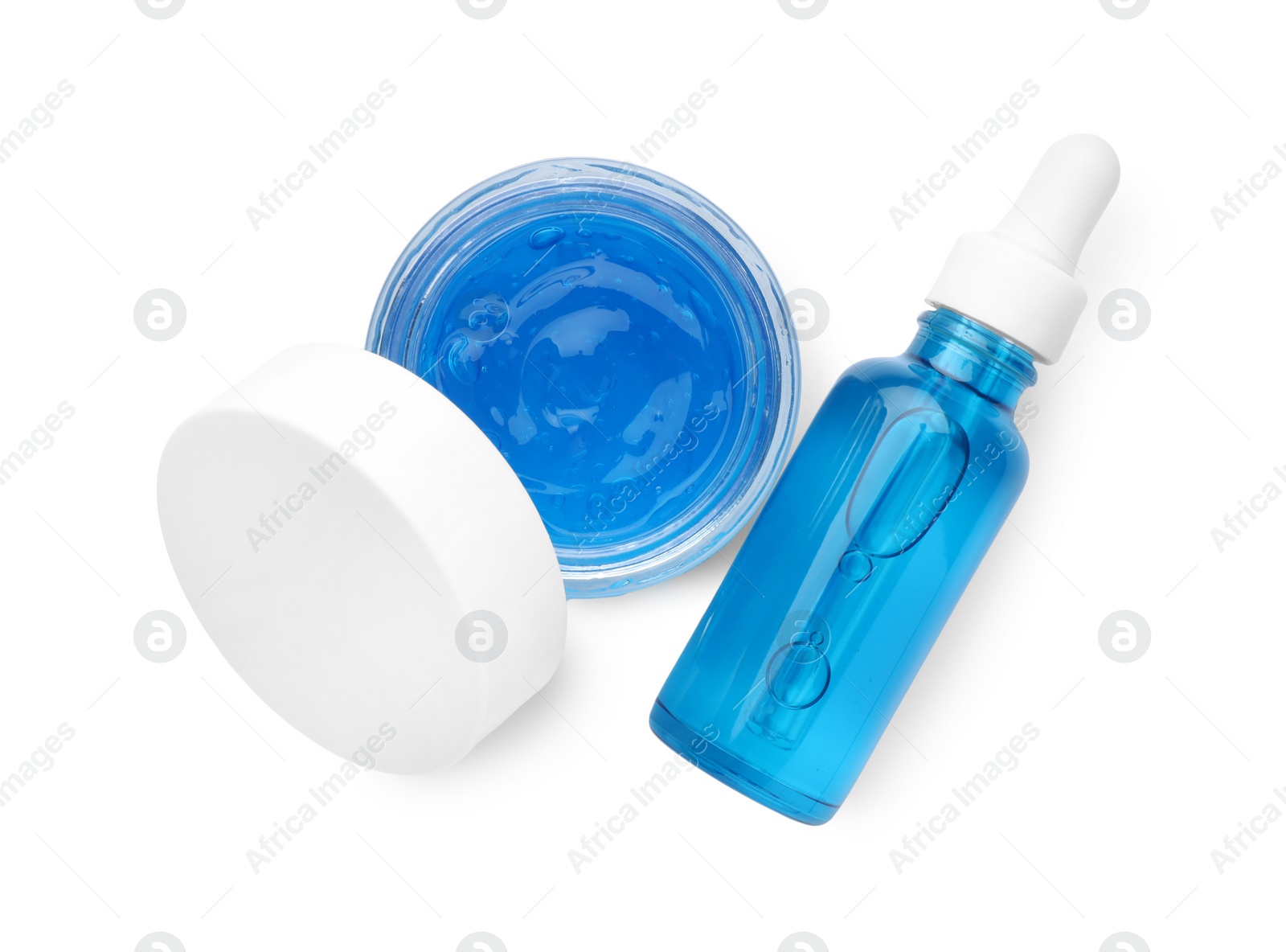 Photo of Jar and bottle of cosmetic products isolated on white, top view