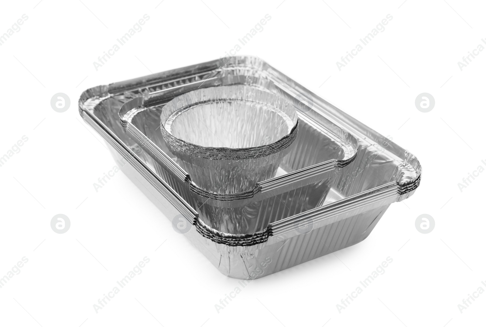 Photo of Many different aluminum foil containers isolated on white