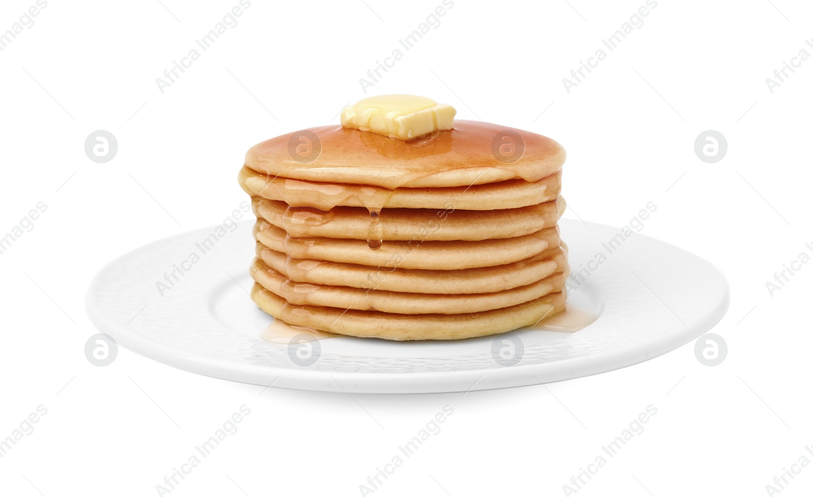 Photo of Delicious pancakes with honey and butter isolated on white