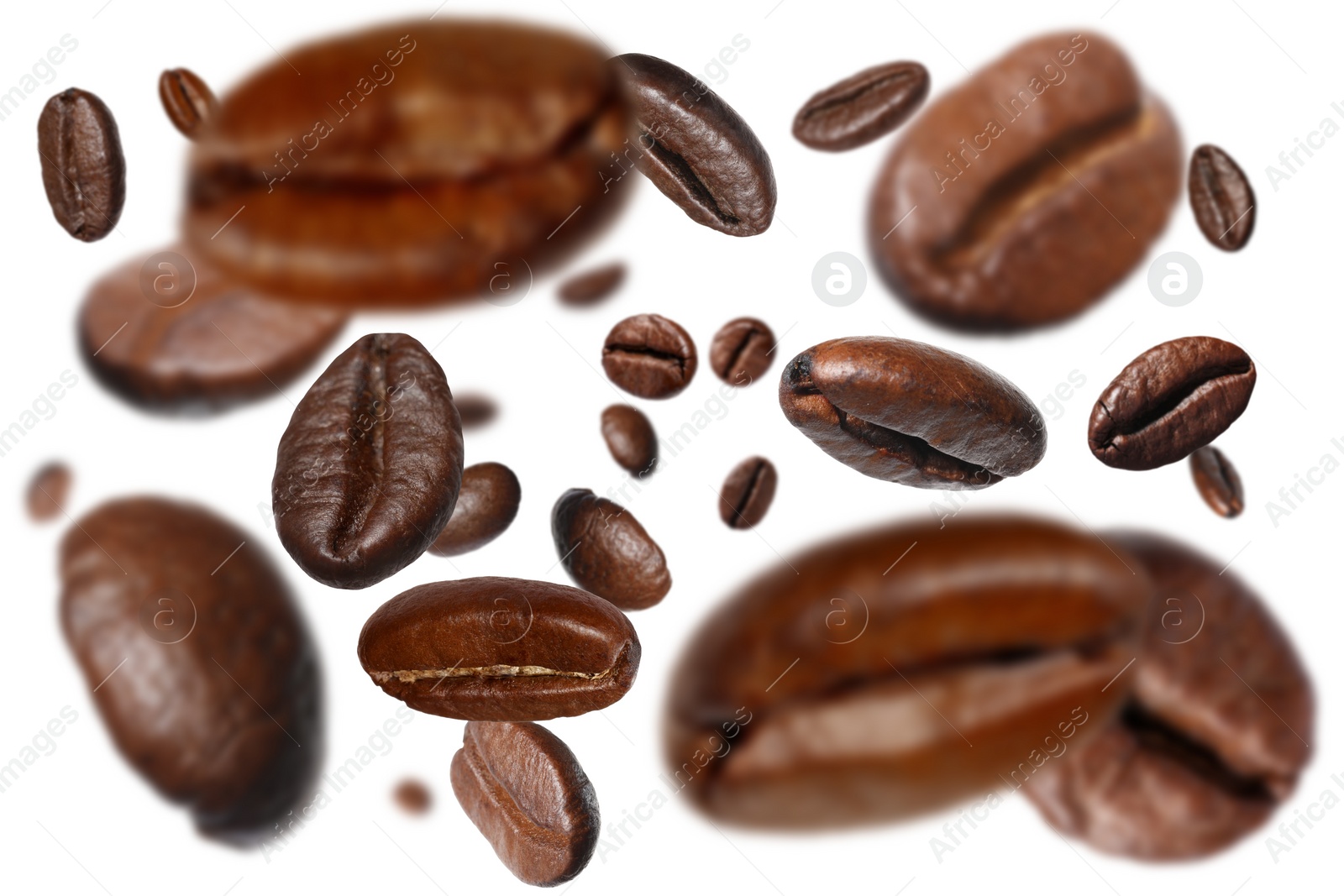 Image of Roasted coffee beans falling o white background