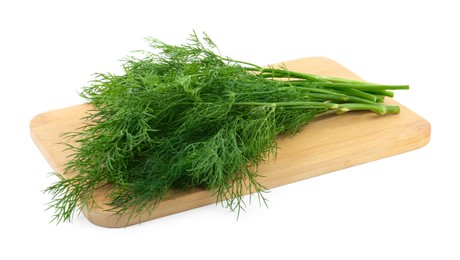 Photo of Wooden board with fresh dill isolated on white