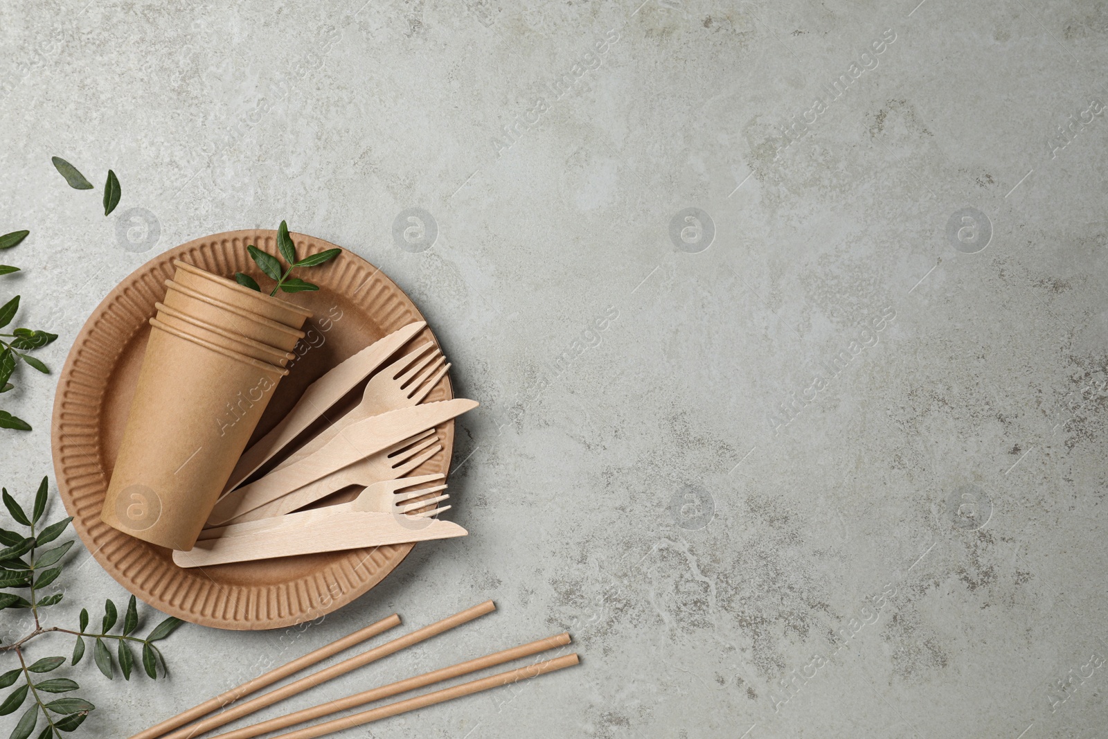 Photo of Disposable tableware and green twigs on light background, flat lay. Space for text