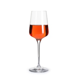 Photo of Glass of delicious expensive wine on white background