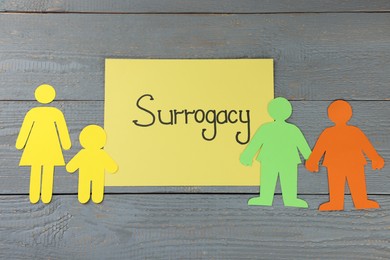 Photo of Sheet with word Surrogacy near paper woman, child and gay couple cutouts on grey wooden table, flat lay