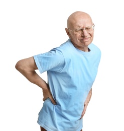 Photo of Man suffering from back pain on white background