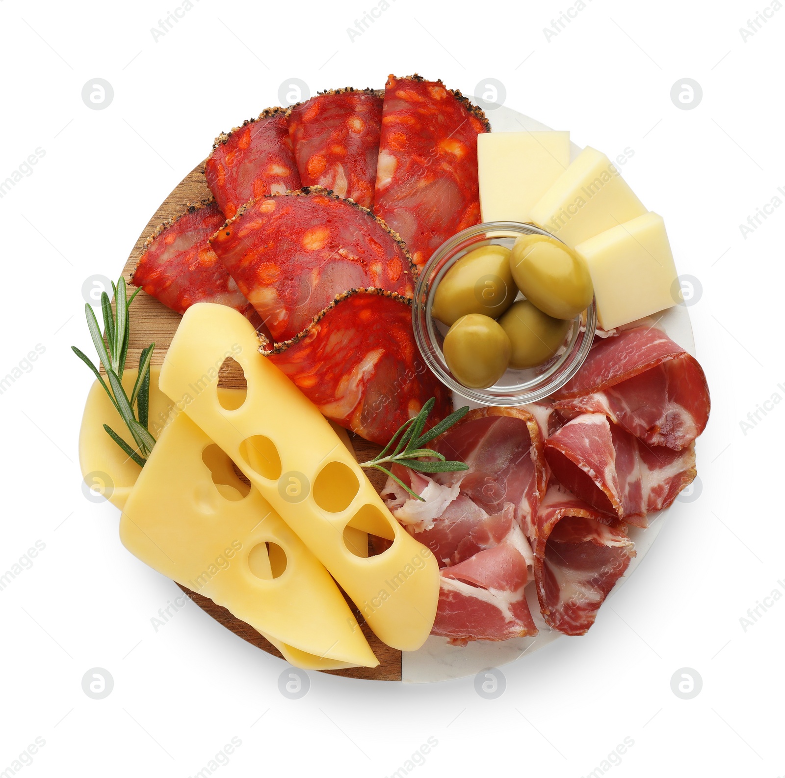 Photo of Serving board with delicious cured ham, cheese, sausage and olives isolated on white, top view