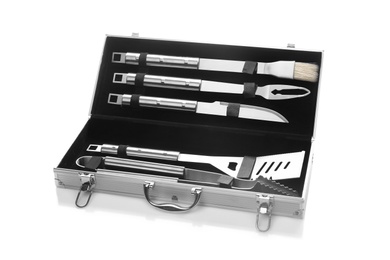 Photo of Case with tools for barbecue on white background