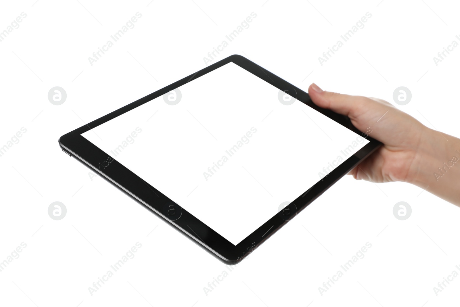 Photo of Woman holding tablet computer with blank screen on white background, closeup. Modern gadget