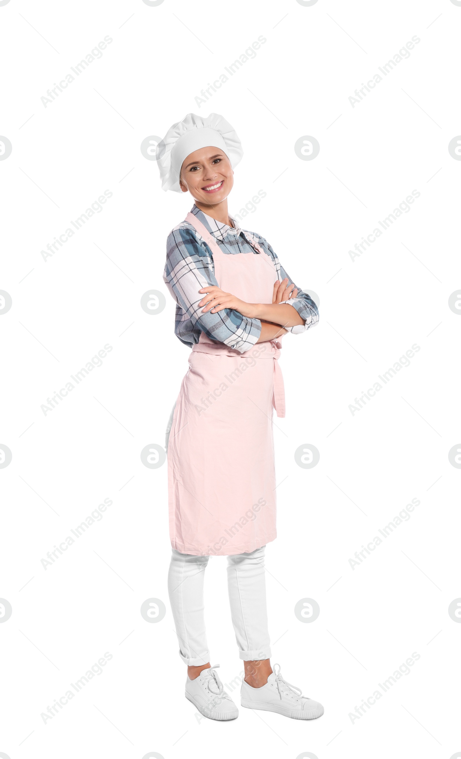 Photo of Female chef in apron on white background