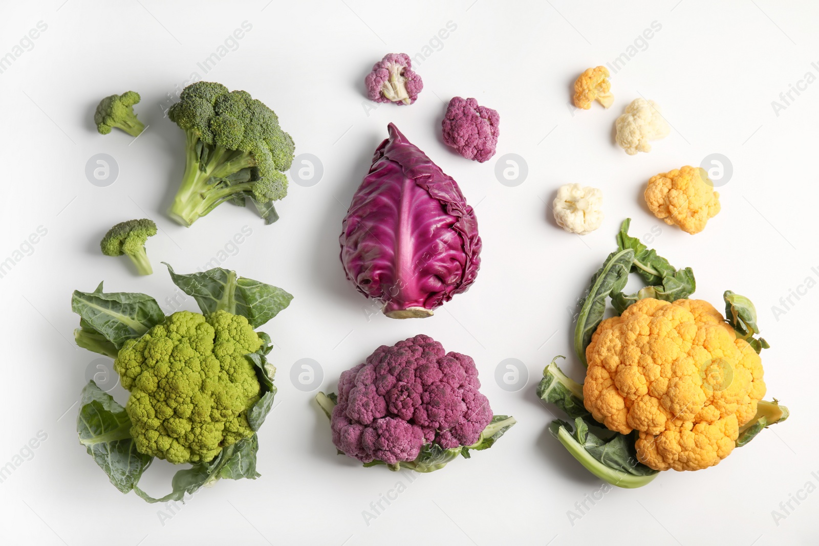 Photo of Different fresh cabbages on white background, top view. Healthy food