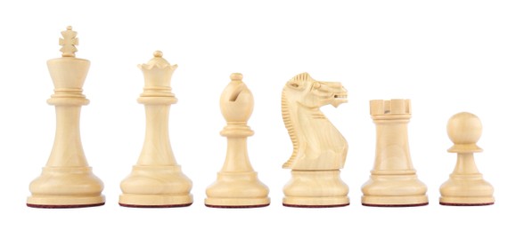 Photo of Row of wooden chess pieces on white background