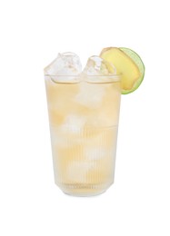 Photo of Glass of tasty ale with ice cubes, lime and ginger slices isolated on white