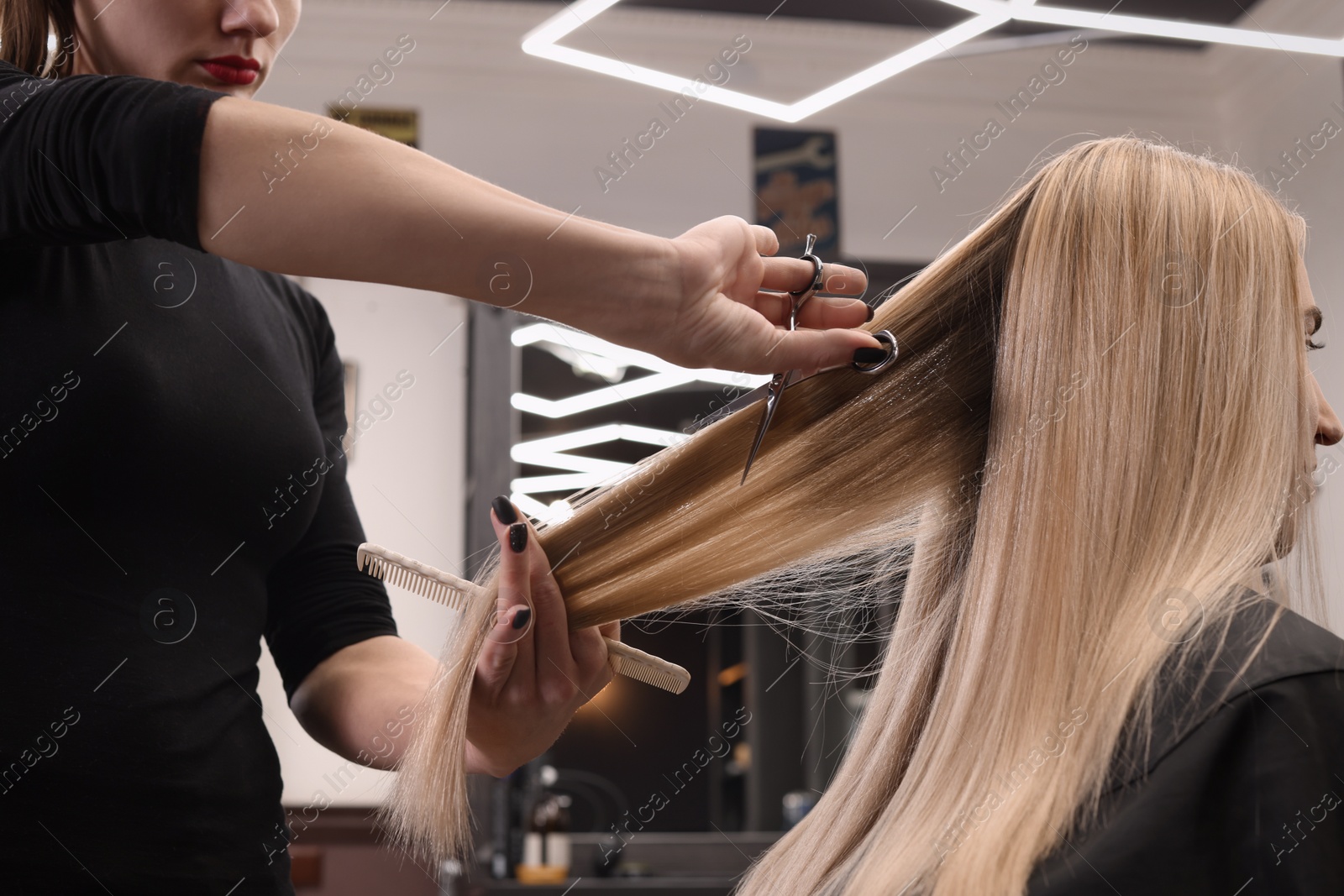 Photo of Professional hairdresser cutting woman's hair in salon, closeup