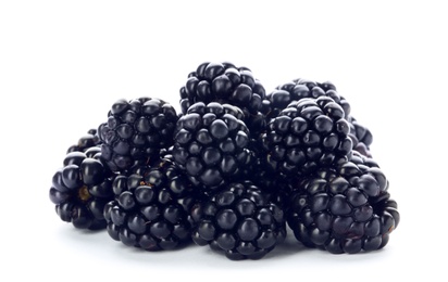 Photo of Fresh ripe juicy blackberries on white background