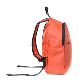 Photo of One stylish orange backpack on white background