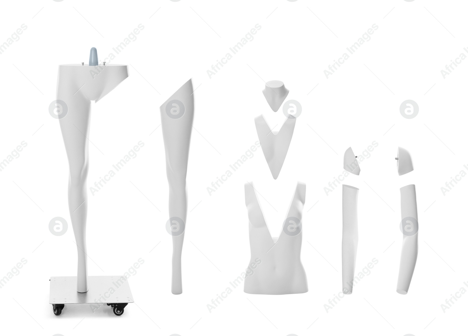 Image of Set of removable parts of ghost mannequin on white background