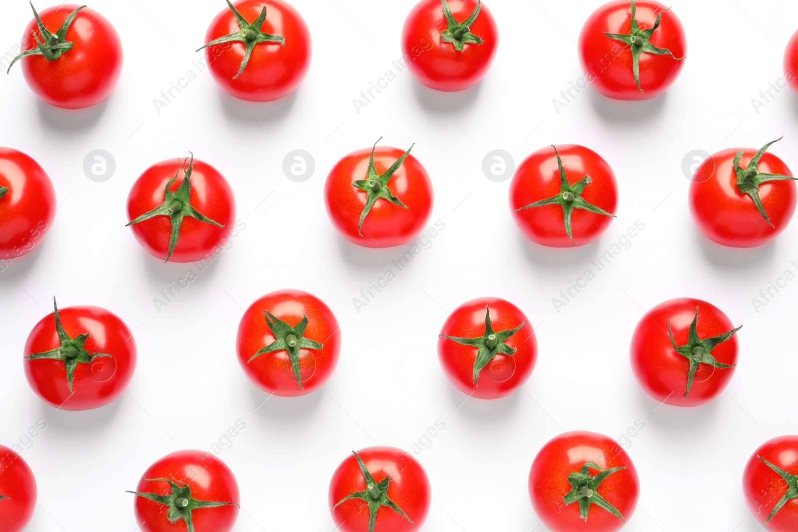 Photo of Composition with ripe cherry tomatoes on white background, top view