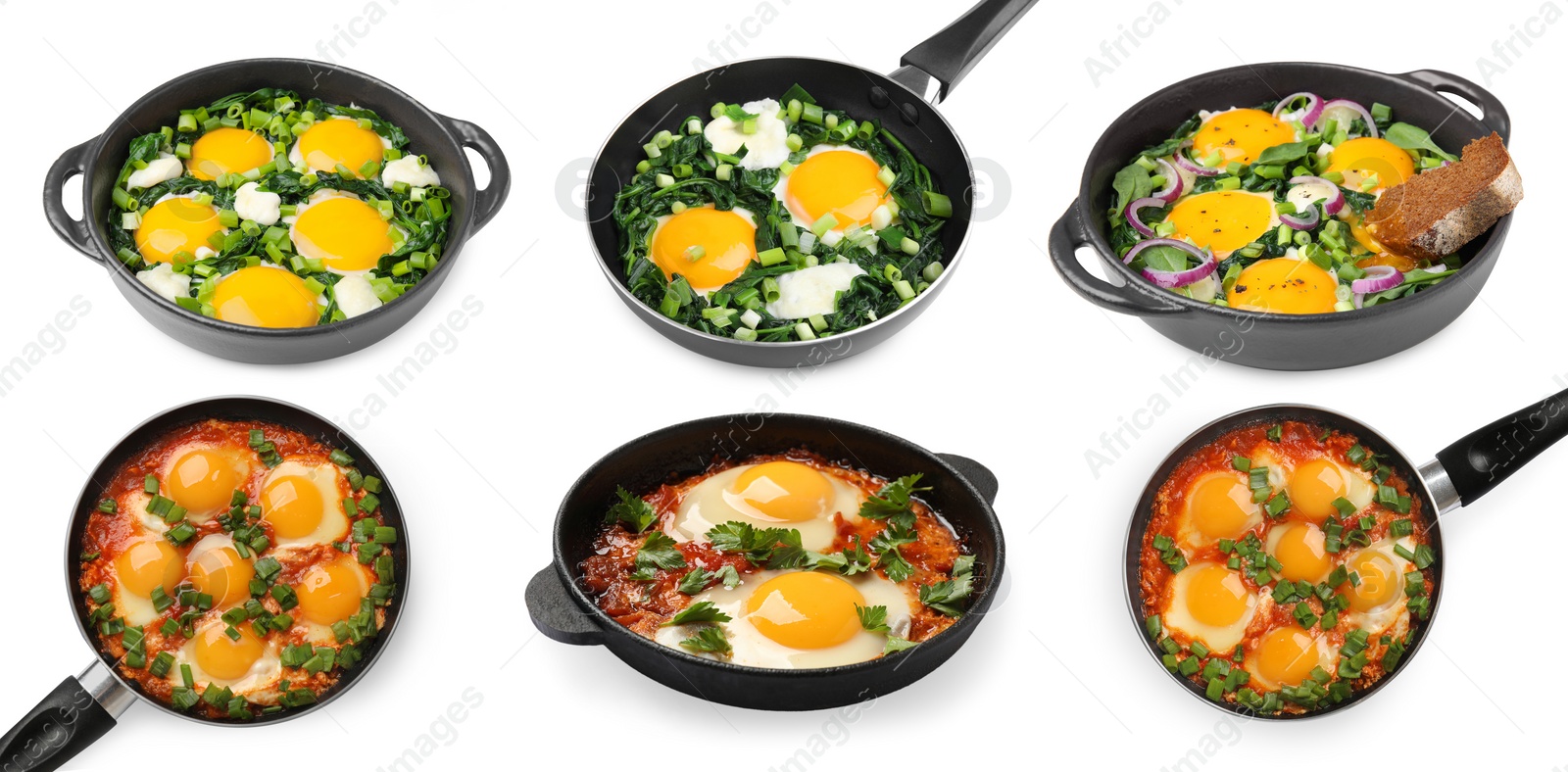 Image of Delicious shakshuka in frying pans isolated on white, set