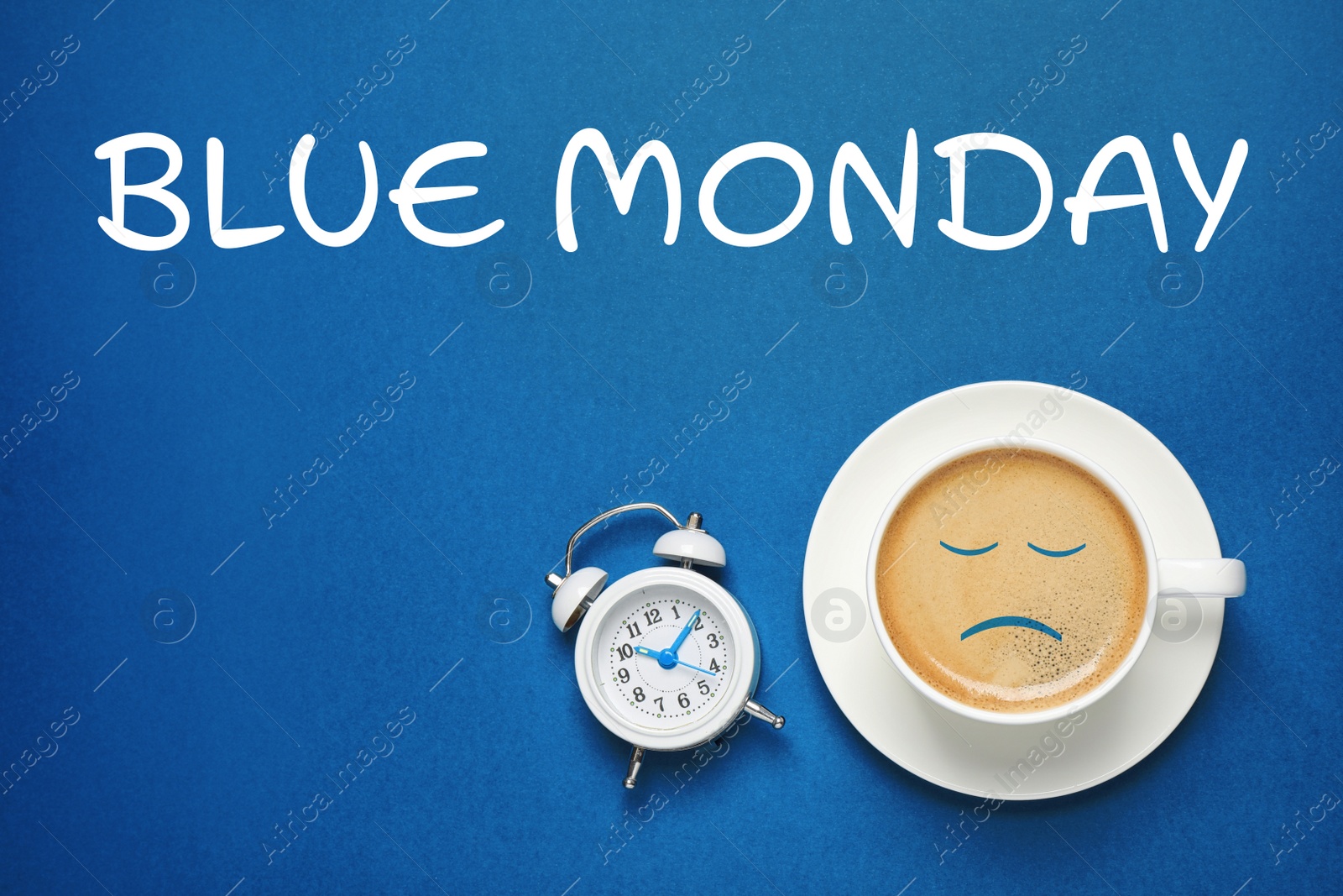 Image of Cup of coffee, alarm clock and text Blue Monday on color background, flat lay