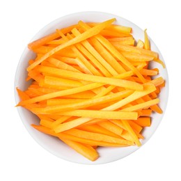 Photo of Bowl of delicious carrot sticks isolated on white, top view
