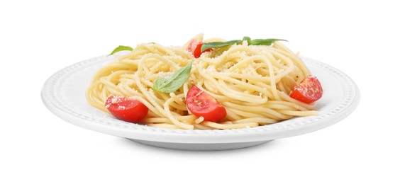 Tasty pasta with tomato, cheese and basil isolated on white