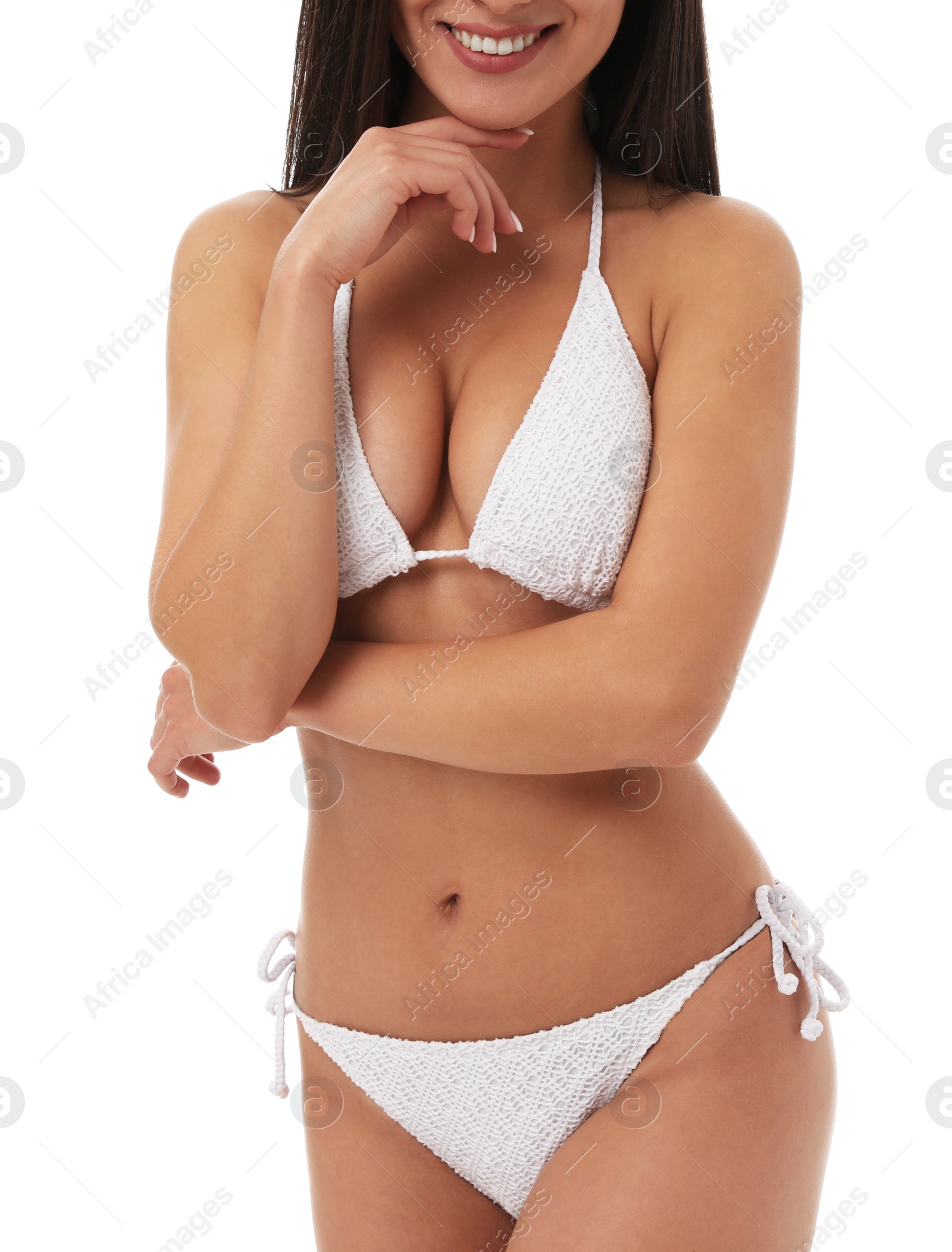 Photo of Pretty sexy woman with slim body in stylish bikini on white background, closeup view