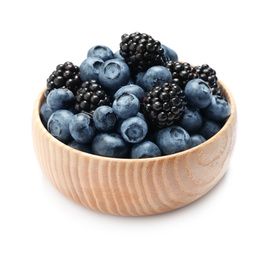 Photo of Fresh ripe blueberries and blackberries in bowl on white background