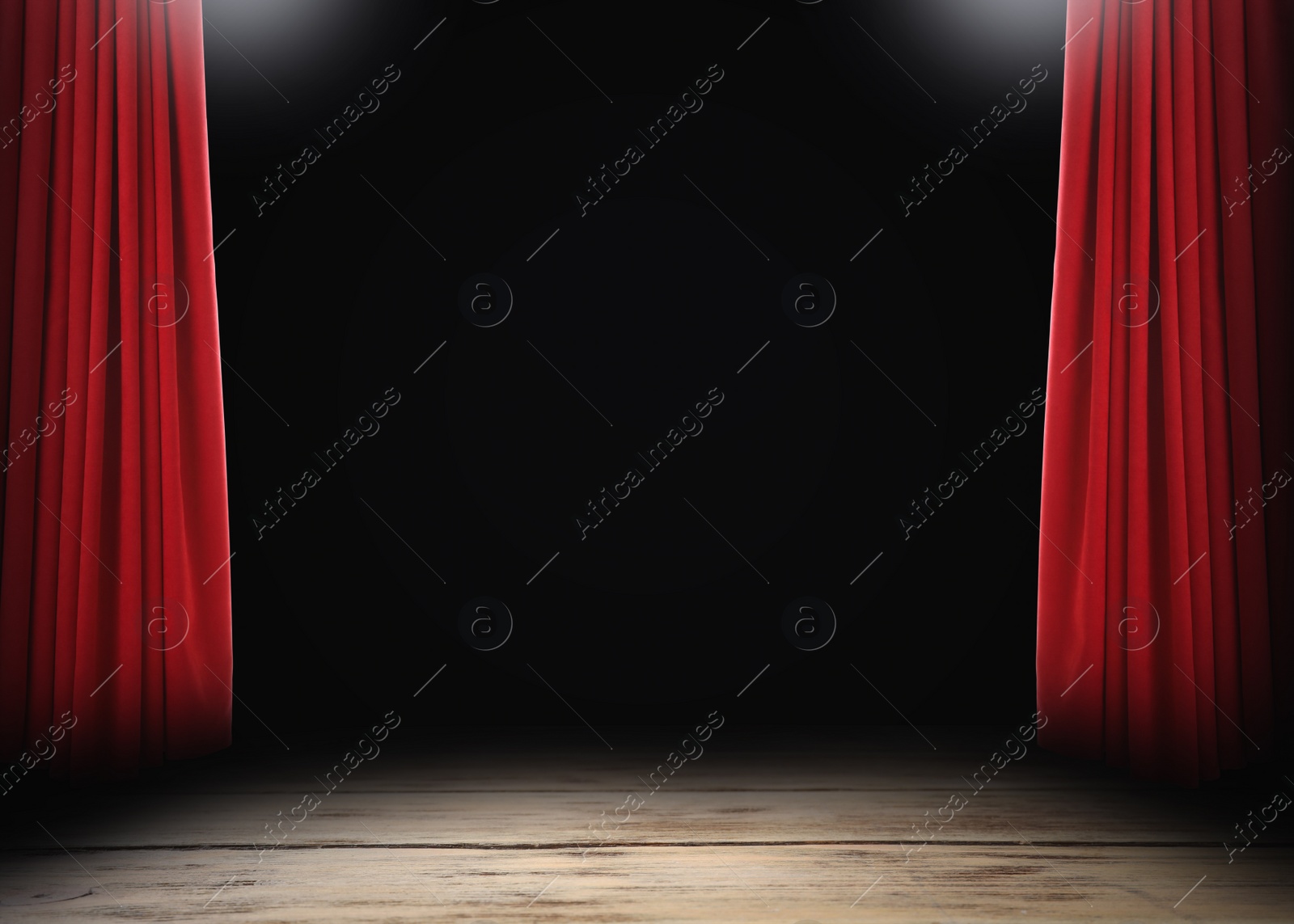 Image of Empty wooden stage and open red curtains