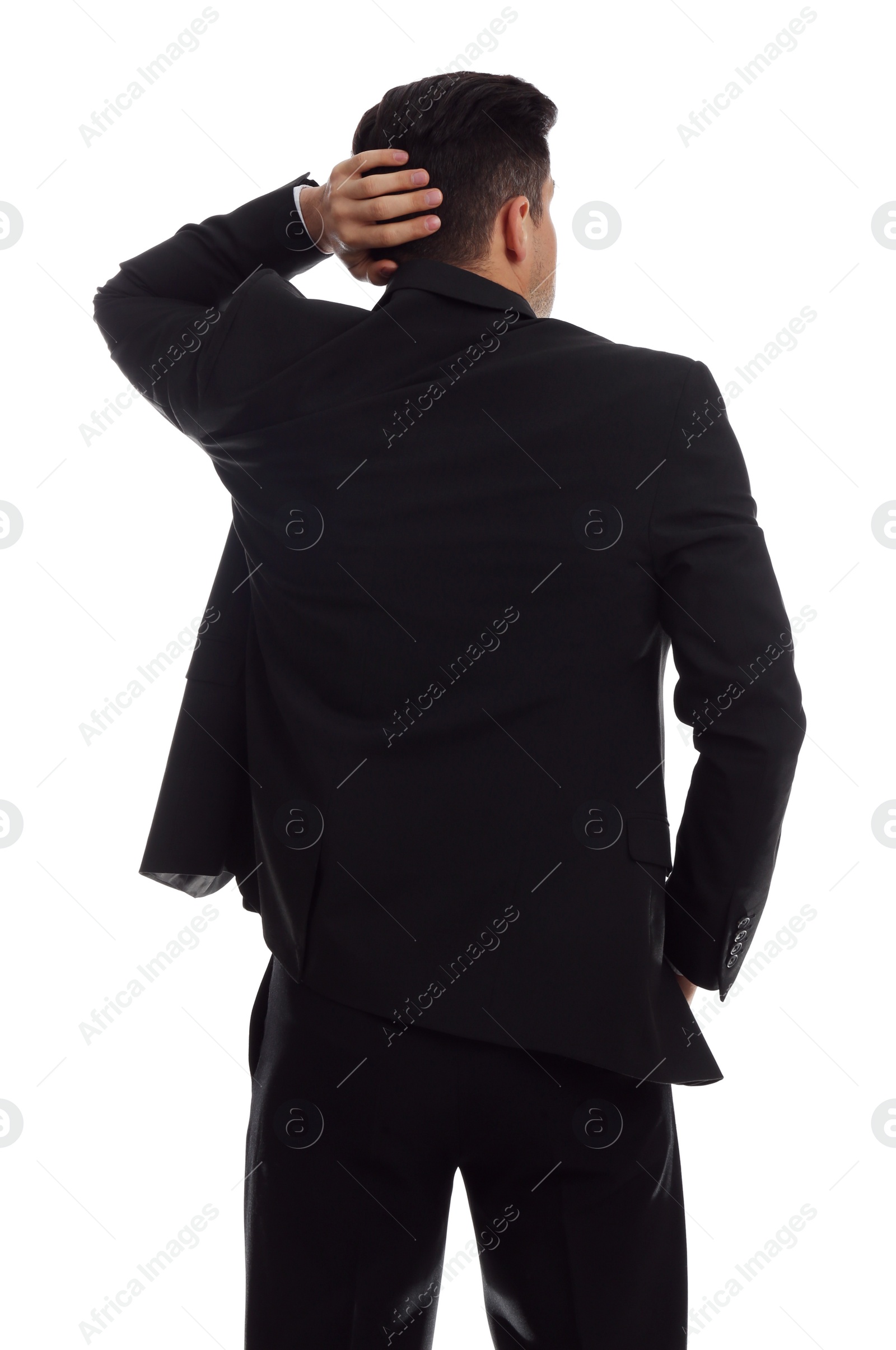 Photo of Businessman in formal suit on white background, back view