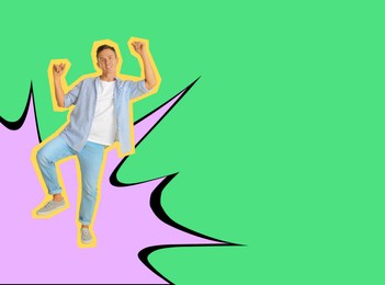 Image of Pop art poster. Man dancing on bright comic style background. Space for text