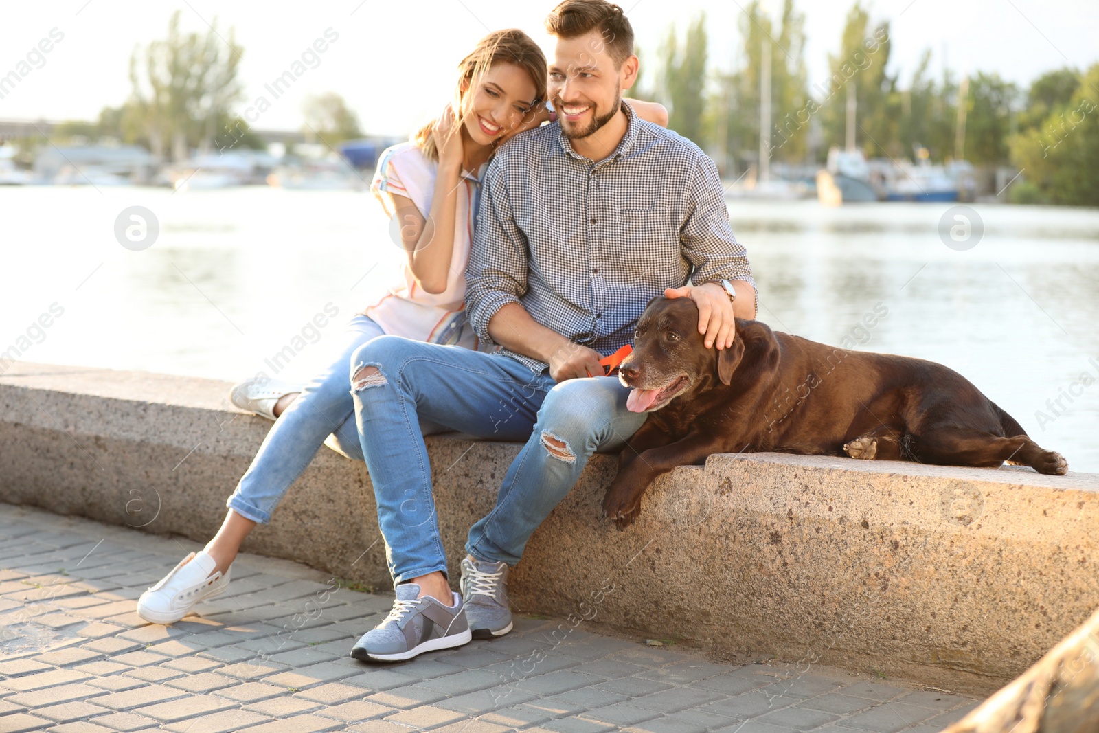 Photo of Cute brown labrador retriever with owners outdoors