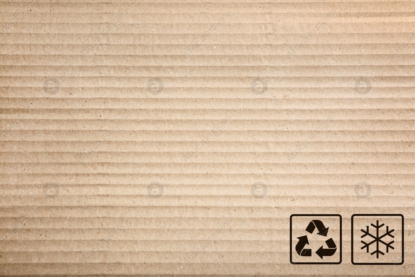 Image of Cardboard box with packaging symbols as background, closeup