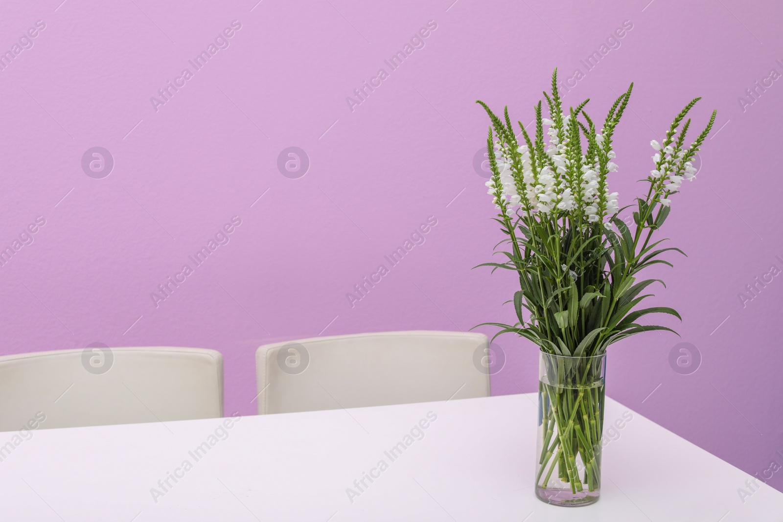 Photo of Beautiful bouquet in vase on white table against color background. Stylish interior