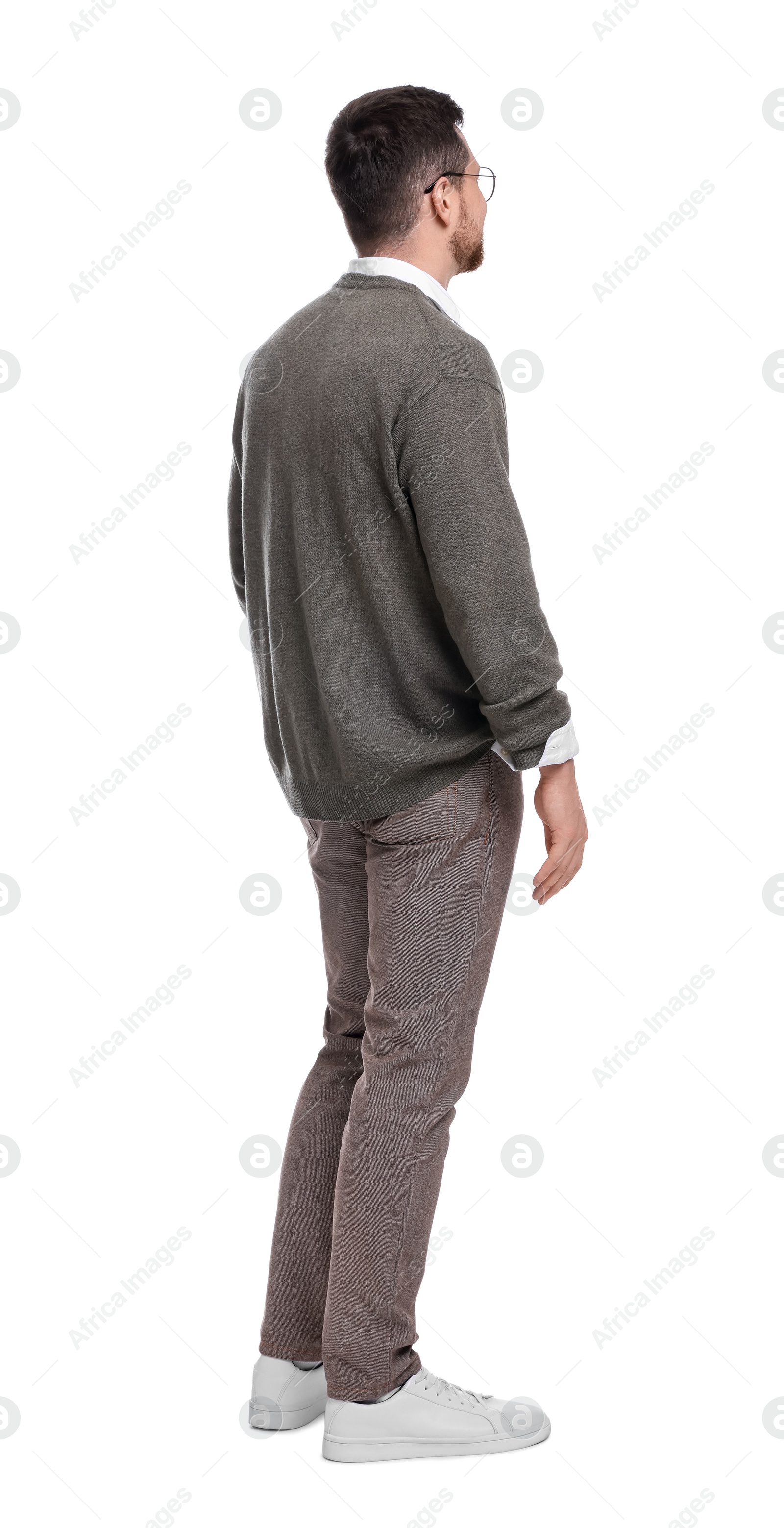 Photo of Businessman in eyeglasses standing on white background