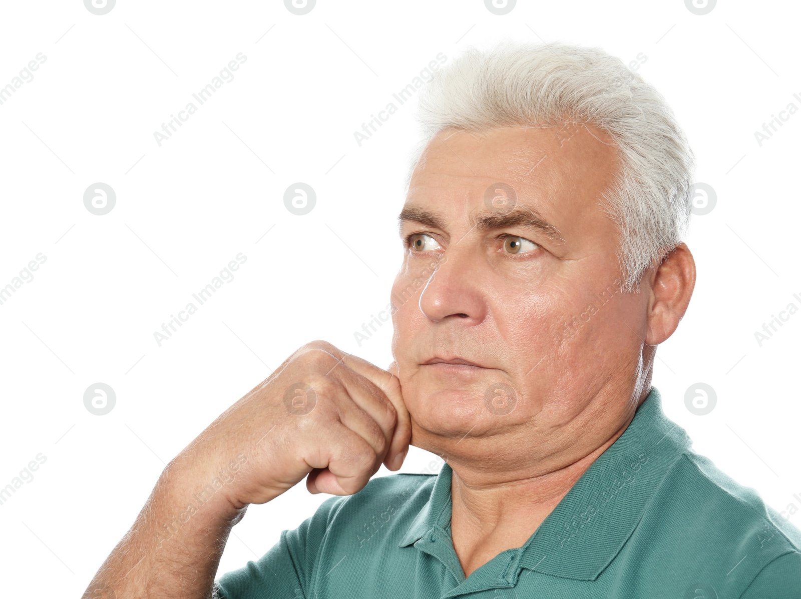 Photo of Mature man with double chin on white background